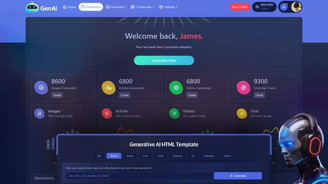 GenAI - AI Generative HTML Templates + Admin Dashboard